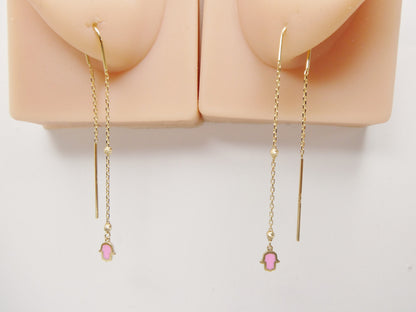 14k Real Solid Yellow Gold Hamsa Hand  Long Dangling Earrings
