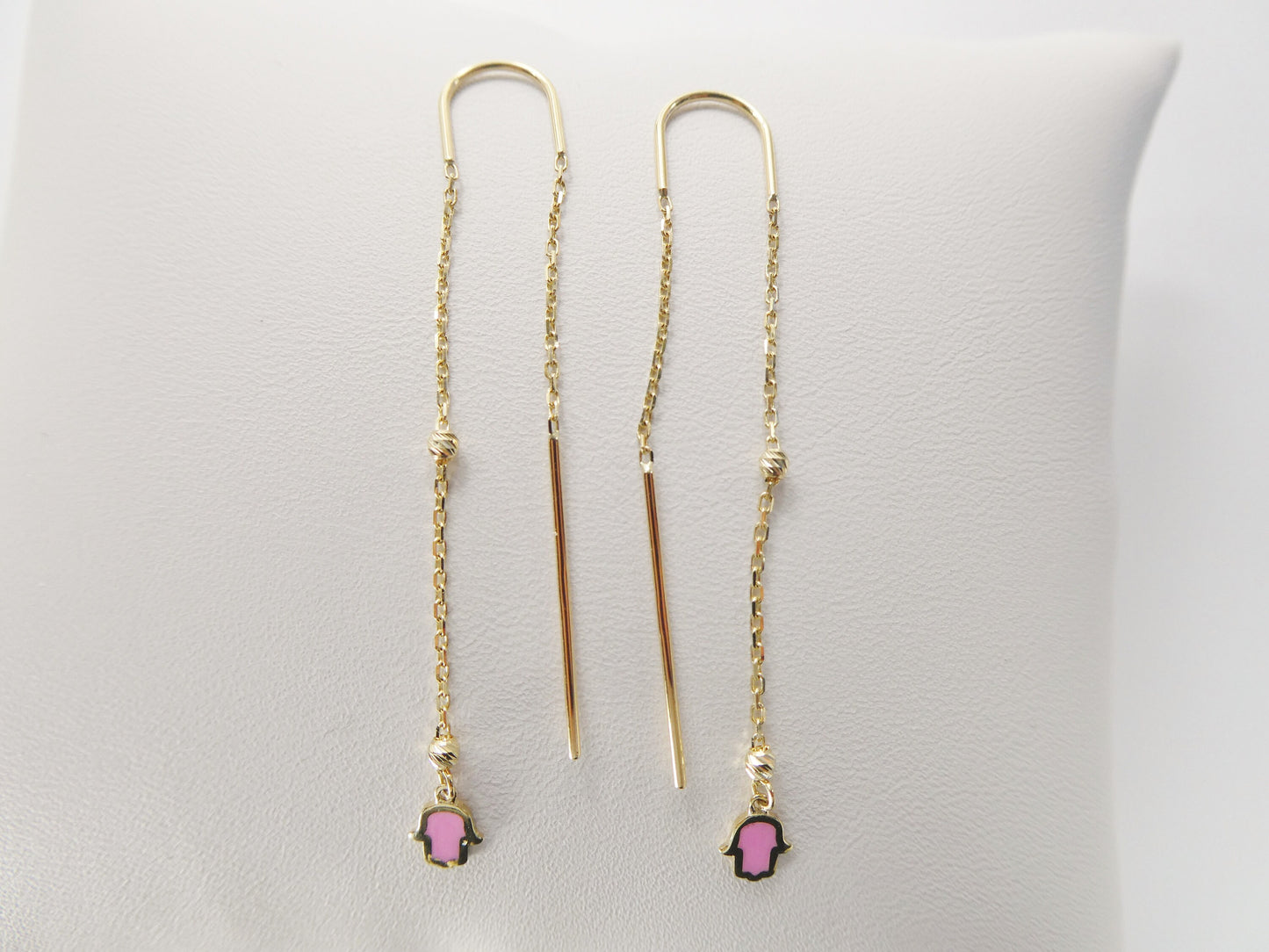 14k Real Solid Yellow Gold Hamsa Hand  Long Dangling Earrings