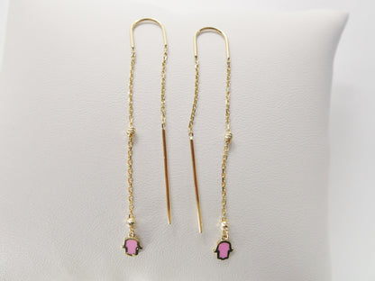 14k Real Solid Yellow Gold Hamsa Hand  Long Dangling Earrings