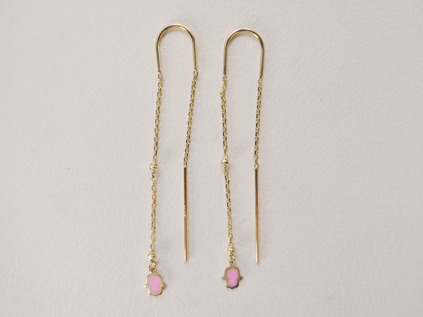 14k Real Solid Yellow Gold Hamsa Hand  Long Dangling Earrings