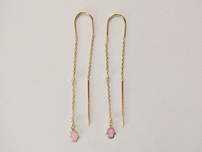 14k Real Solid Yellow Gold Hamsa Hand  Long Dangling Earrings