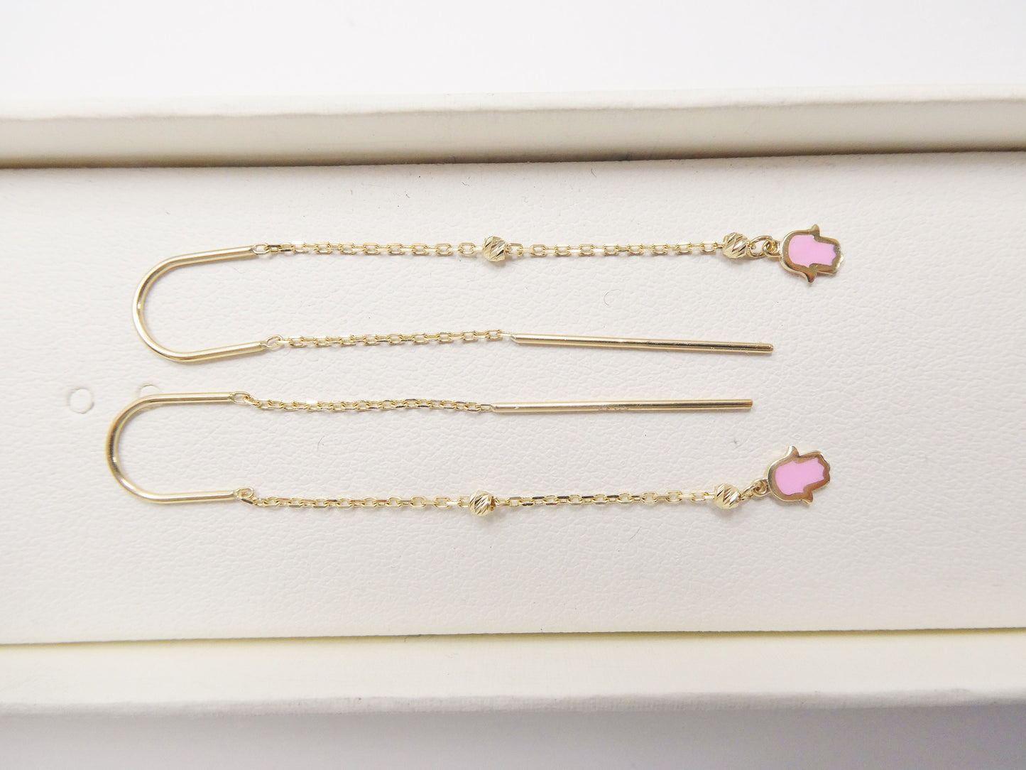 14k Real Solid Yellow Gold Hamsa Hand  Long Dangling Earrings