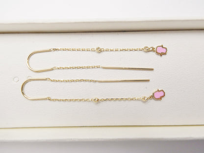 14k Real Solid Yellow Gold Hamsa Hand  Long Dangling Earrings