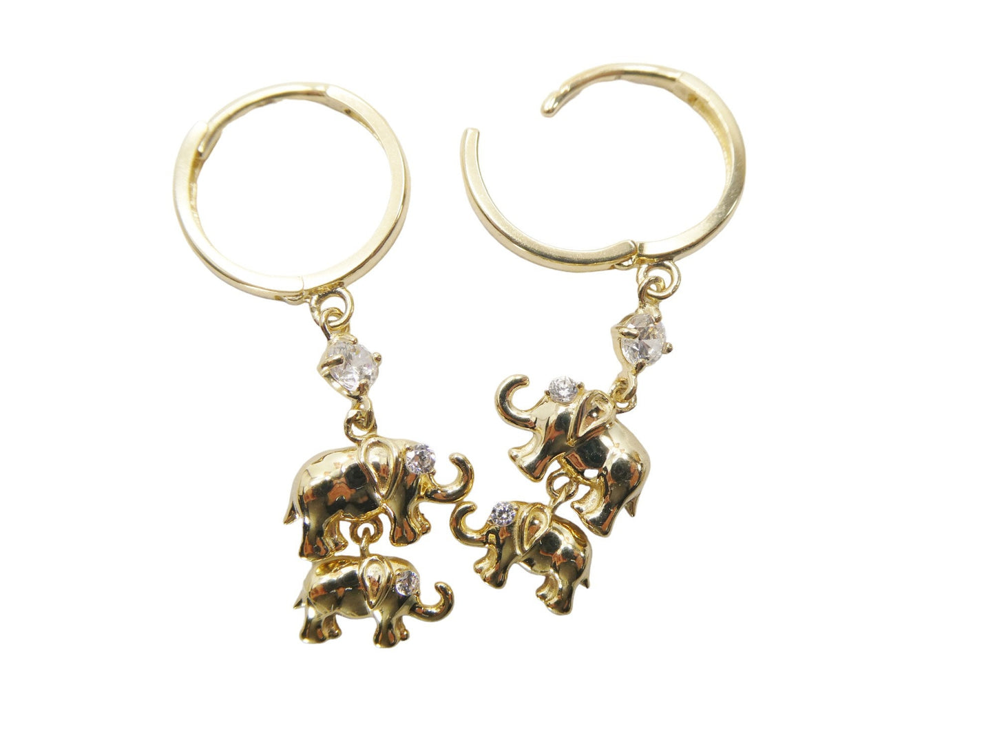 Real 10k Solid Yellow Gold Double Elephant Dangling Hoop Huggie Earrings