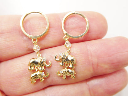 Real 10k Solid Yellow Gold Double Elephant Dangling Hoop Huggie Earrings
