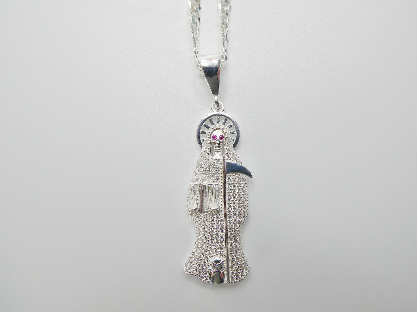 real 925 sterling silver 22 inch flat chain and large santa muerte pendent charm