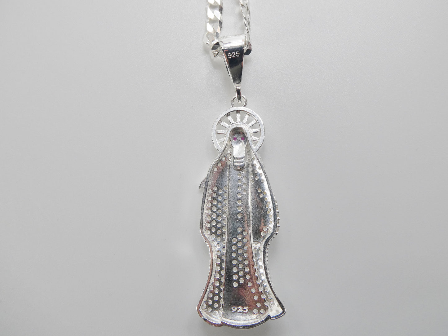 real 925 sterling silver 22 inch flat chain and large santa muerte pendent charm