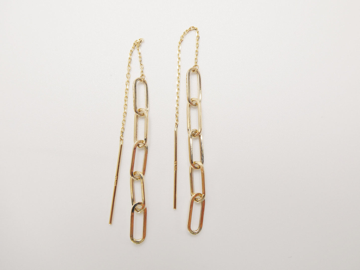 14k Real Solid Yellow Gold Paperclip Long Dangling Earrings