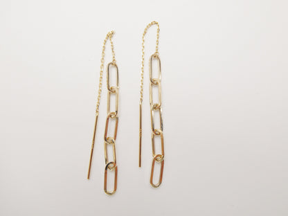 14k Real Solid Yellow Gold Paperclip Long Dangling Earrings