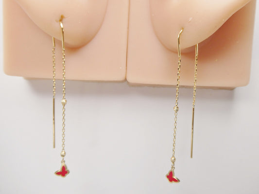 14k real solid yellow gold butterfly enamel long dangling earrings