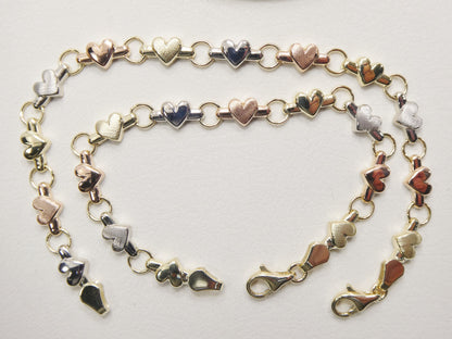 10k Solid Gold Heart Bracelet: Tri Color XO Chain