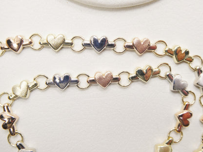 10k Solid Gold Heart Bracelet: Tri Color XO Chain