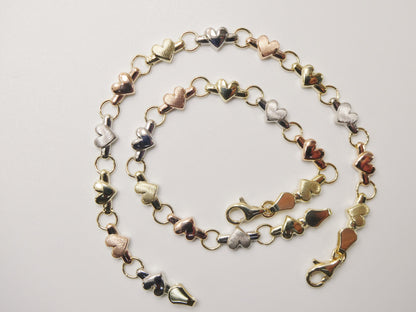 10k Solid Gold Heart Bracelet: Tri Color XO Chain
