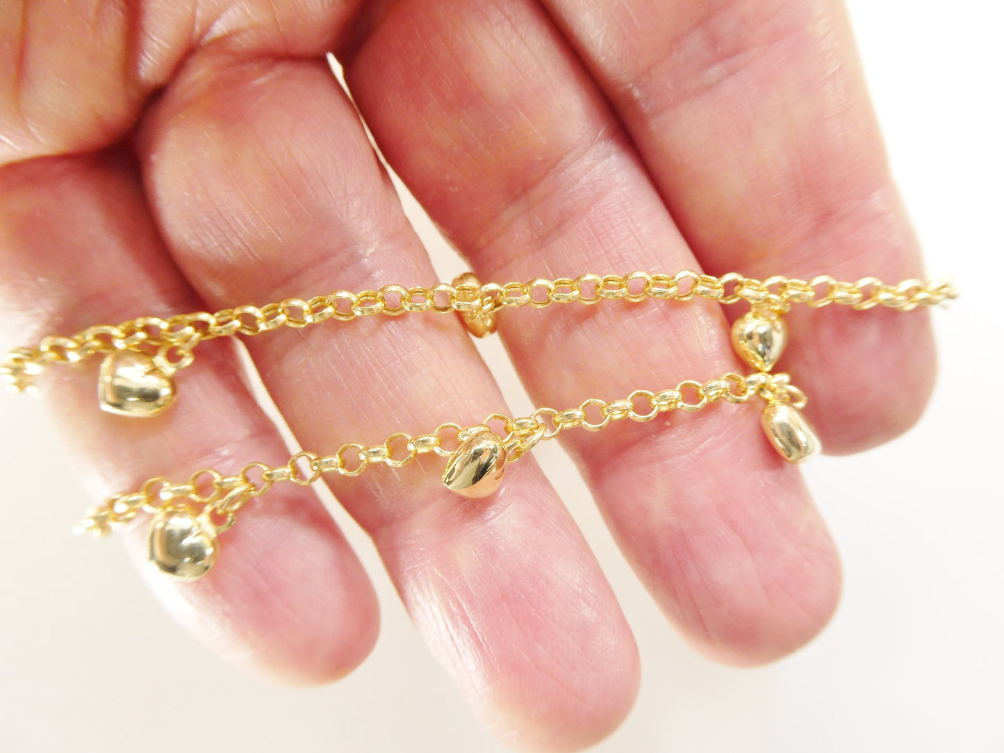 real 10k solid yellow gold 5.5/ 6.5 inch children/women heart dangling cable bracelet