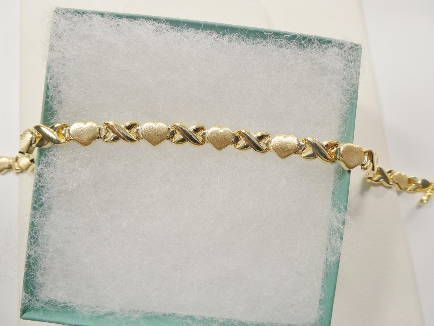 Real 925 Sterling Silver X Heart Bracelet 14K Yellow Gold Satin Finish