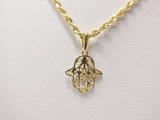 14k real solid yellow gold hand hamsa  pendent and rope necklace