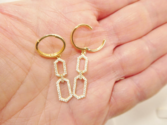 real 10k solid yellow gold paperclip dangling hoop huggie earrings