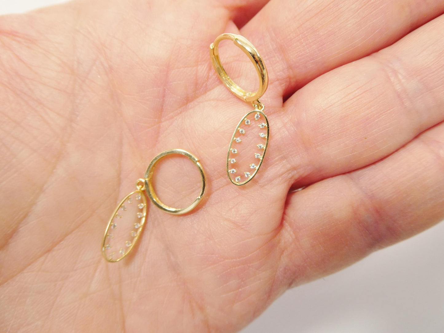 Real 10k Solid Yellow Gold Oval Drop Hoop Huggie Earrings