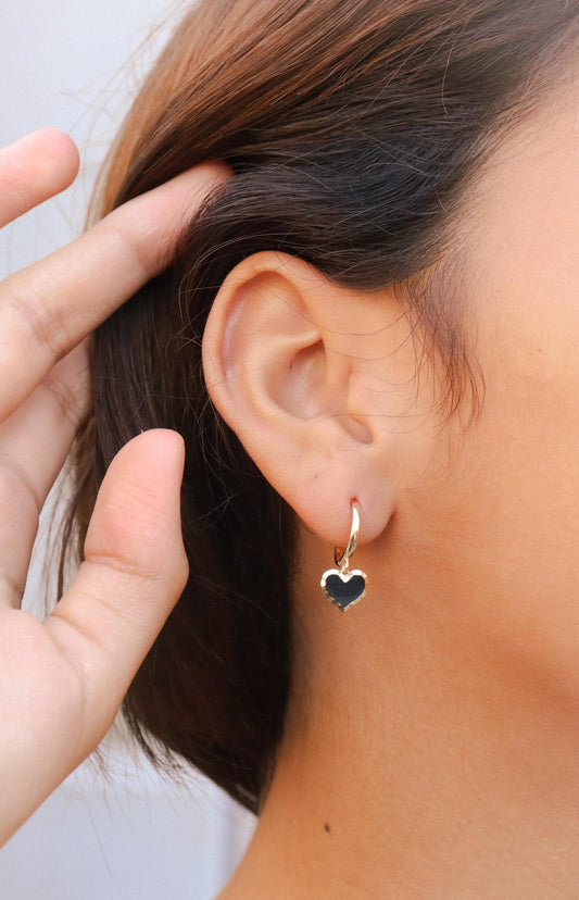 real 10k solid yellow gold black enamel heart hoop huggie earrings