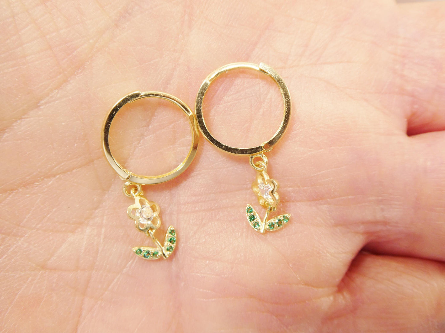 Real 10k Solid Yellow Gold Drop Leaf Huggie Earrings