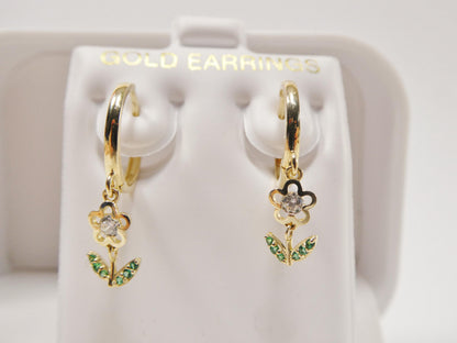 Real 10k Solid Yellow Gold Drop Leaf Huggie Earrings