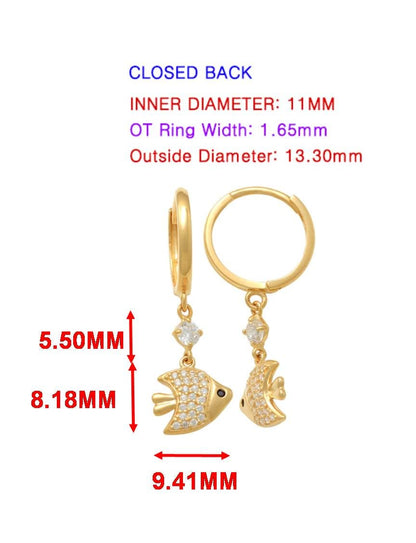 Real 10k Solid Yellow Gold Fish Dangling Hoop Huggie Earrings