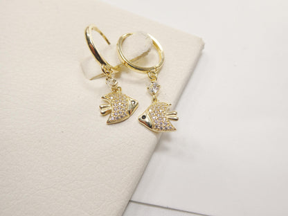 Real 10k Solid Yellow Gold Fish Dangling Hoop Huggie Earrings