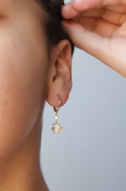 Real 10k Solid Yellow Gold Fish Dangling Hoop Huggie Earrings
