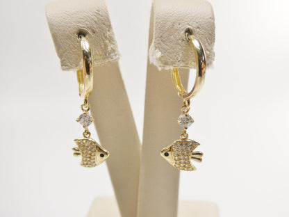 Real 10k Solid Yellow Gold Fish Dangling Hoop Huggie Earrings