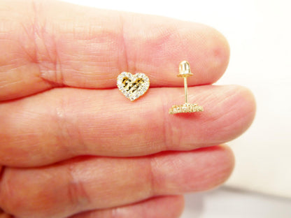 Real 10k Solid Yellow Gold Heart Screw Back Stud Earrings
