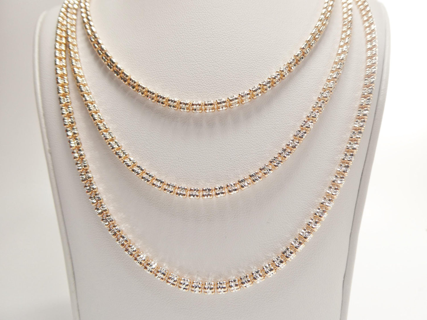 Real 925 Sterling Silver 3 Line Diamond Cut Ice Link Rose Gold Chain Necklace