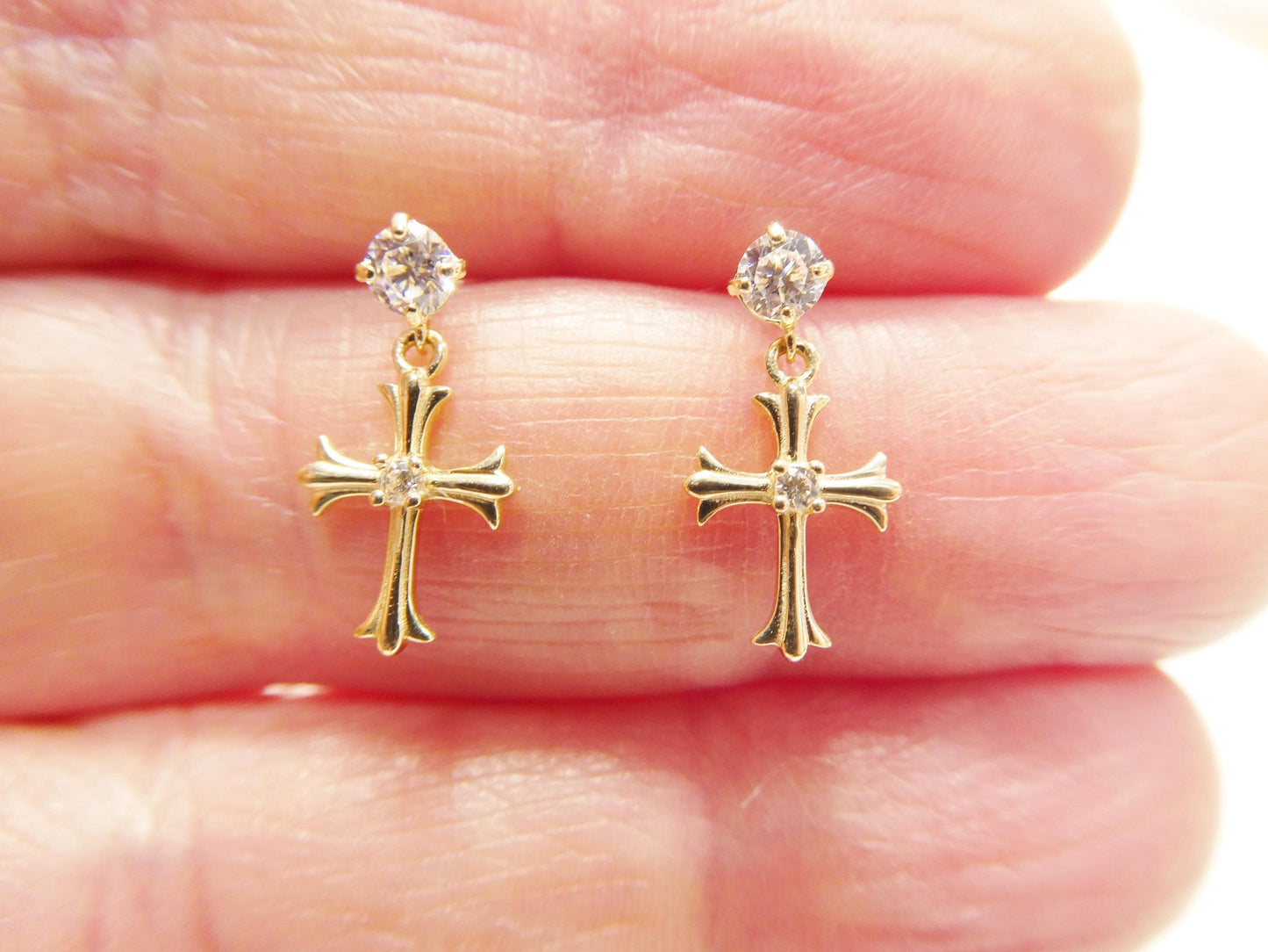 real 10k solid yellow gold cross dropping push post earrings