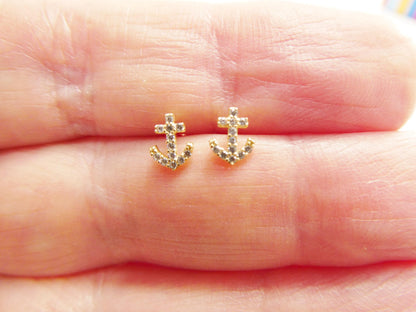 Real 10k Solid Yellow Gold Tiny Stud Anchor Earrings Dainty