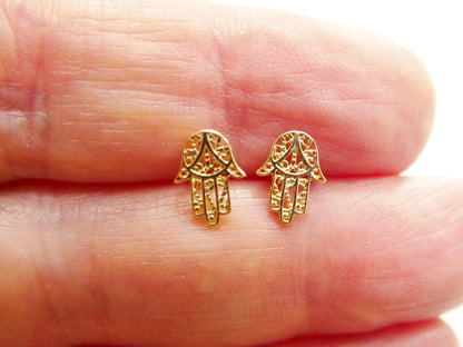Real 10k Solid Yellow Gold Tiny Hand Hamsa Stud Earrings Dainty