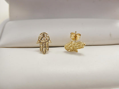 Real 10k Solid Yellow Gold Tiny Hand Hamsa Stud Earrings Dainty