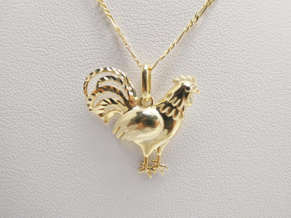 10k Real Solid Yellow Gold Elegant Rooster Pendent and 18 Inch Figaro Necklace