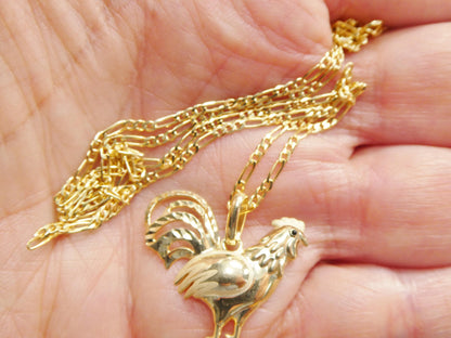 10k Real Solid Yellow Gold Elegant Rooster Pendent and 18 Inch Figaro Necklace