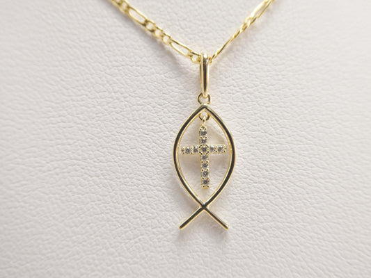 10k Yellow Gold Figaro Chain & Fish Cross Pendant Necklace - 18 Inch