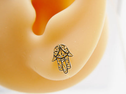 Real 10k Solid Yellow Gold Tiny Hand Hamsa Stud Earrings Dainty