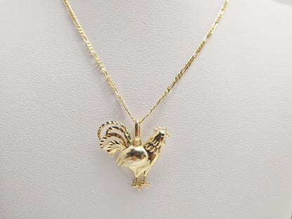 10k Real Solid Yellow Gold Elegant Rooster Pendent and 18 Inch Figaro Necklace