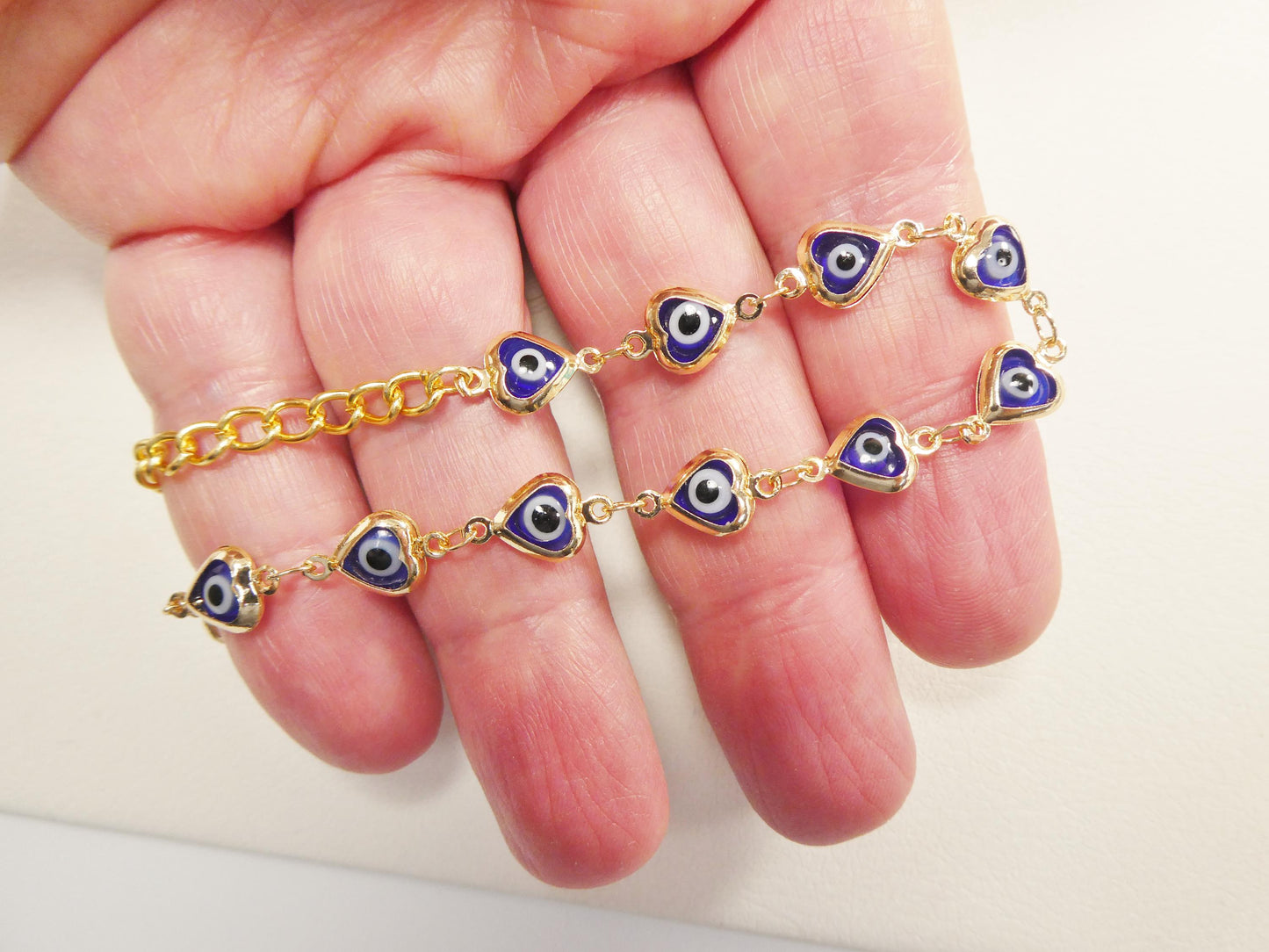 6.5 Inch Plus Extension Evil Eye 14k Gold Filled Heart Blue Color Bracelet