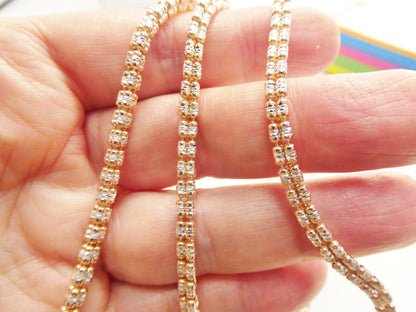 Real 925 Sterling Silver 4 Line Rose Gold Tone Ice Link Chain Necklace
