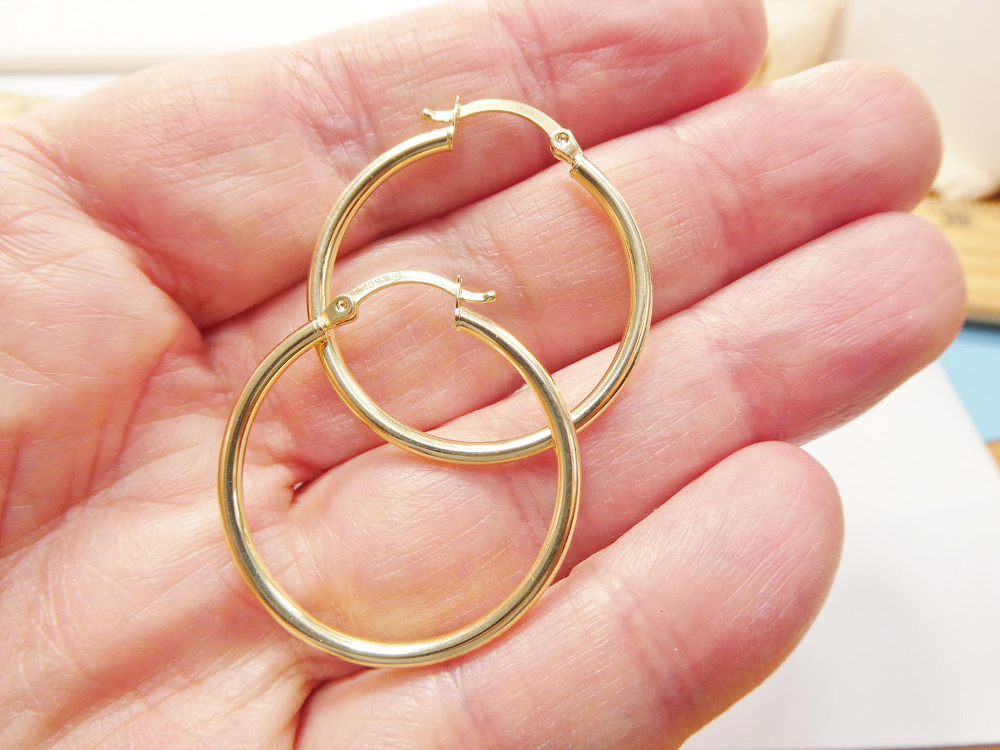 Real 10k Solid Yellow Gold Plain High Polish 25 / 30mm Hoop Huggie Earrings