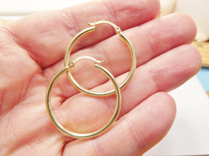 Real 10k Solid Yellow Gold Plain High Polish 25 / 30mm Hoop Huggie Earrings