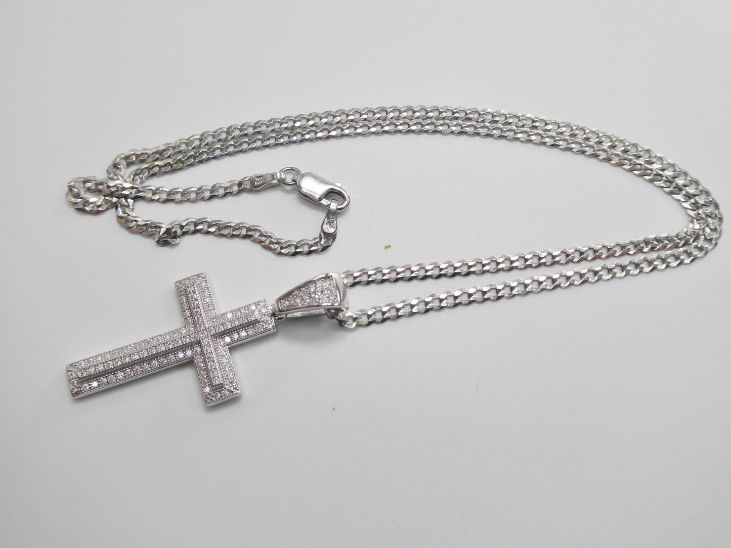 Real 925 Sterling Silver 18 Inch Flat Chain and Moissanite Cross Pendent Charm