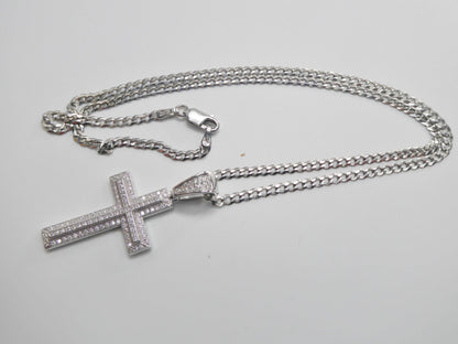 Real 925 Sterling Silver 18 Inch Flat Chain and Moissanite Cross Pendent Charm