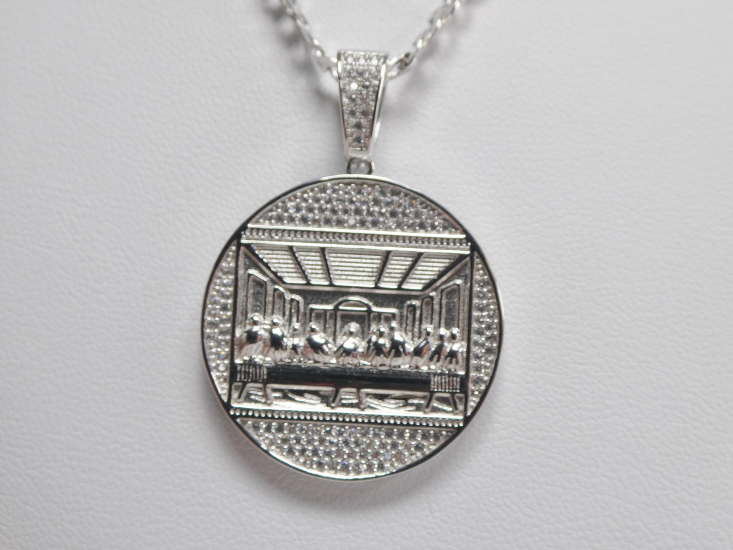 Real 925 Sterling Silver 22 Inch Flat Chain and Large Last Supper Pendent Charm