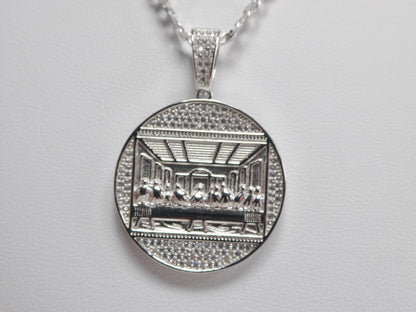 Real 925 Sterling Silver 22 Inch Flat Chain and Large Last Supper Pendent Charm