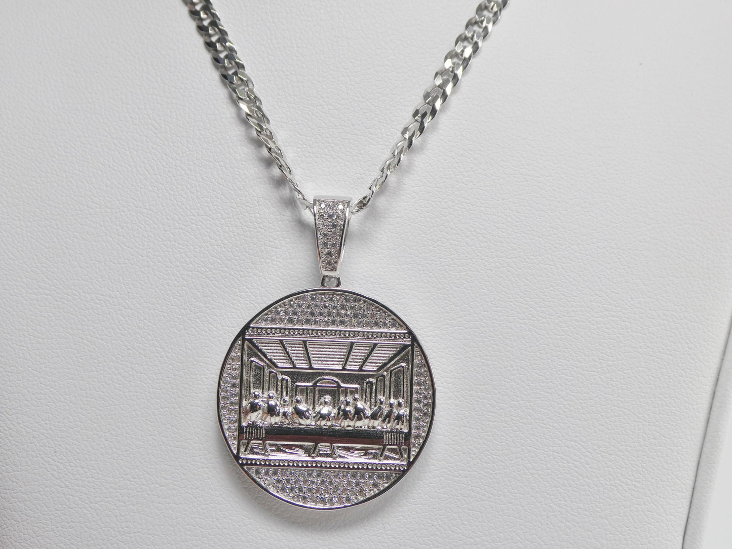 Real 925 Sterling Silver 22 Inch Flat Chain and Large Last Supper Pendent Charm