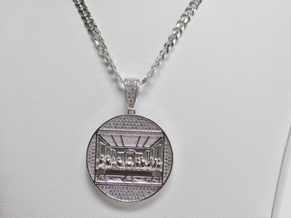 Real 925 Sterling Silver 22 Inch Flat Chain and Large Last Supper Pendent Charm